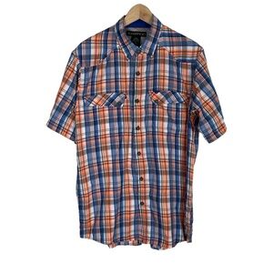 ExOfficio Shirt Mens M Orange Blue Plaid Performance Venting Packable Hiking